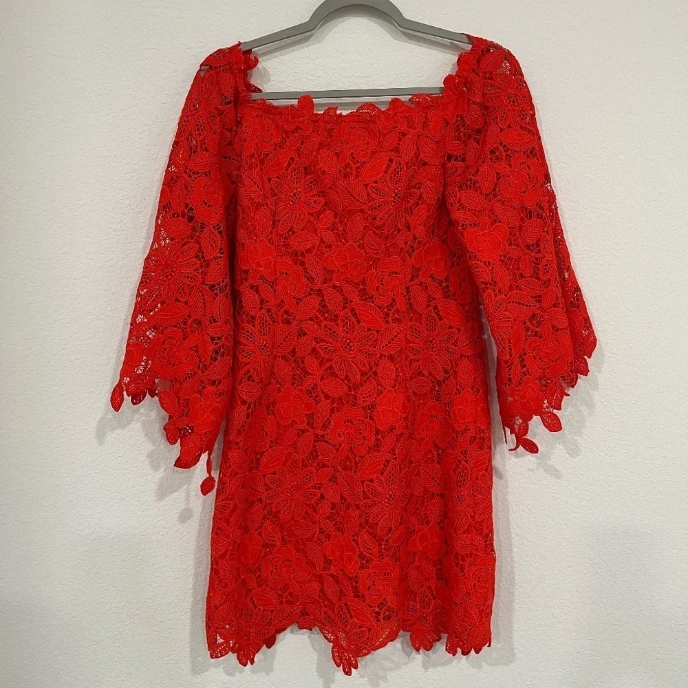 NWT FREE PEOPLE | Dusk Off The Shoulder Lace Dress in Fiesta Red | Size 8